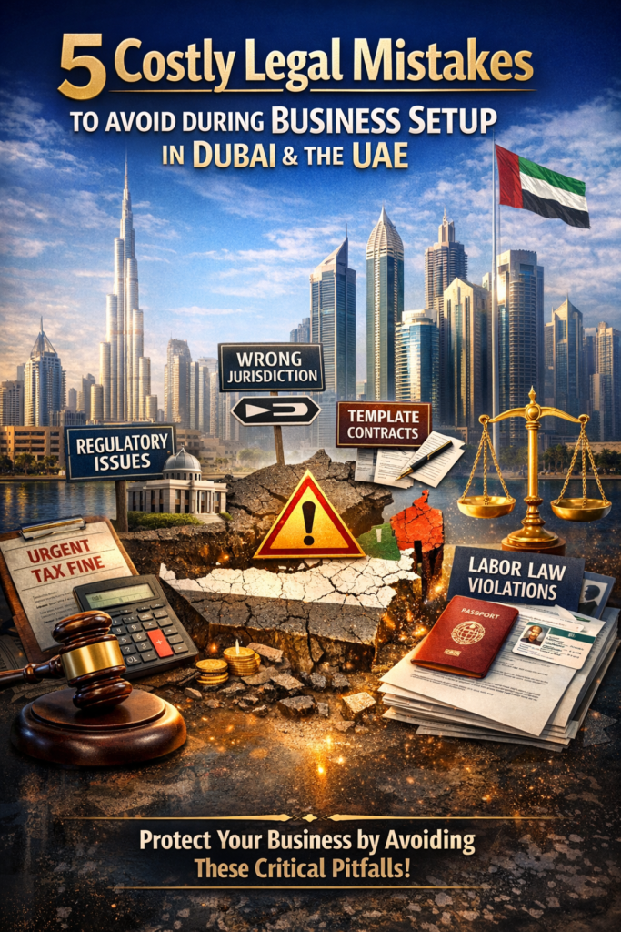 Infographic showing 5 legal mistakes in business setup in Dubai including tax fines and labor law violations.