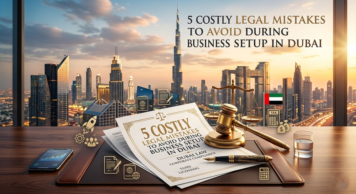 Legal documents and a gavel representing business setup in Dubai with a skyline view.