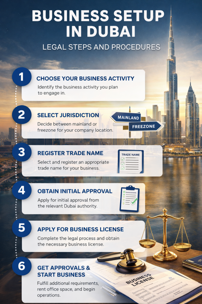 Business setup in Dubai legal steps and requirements infographic