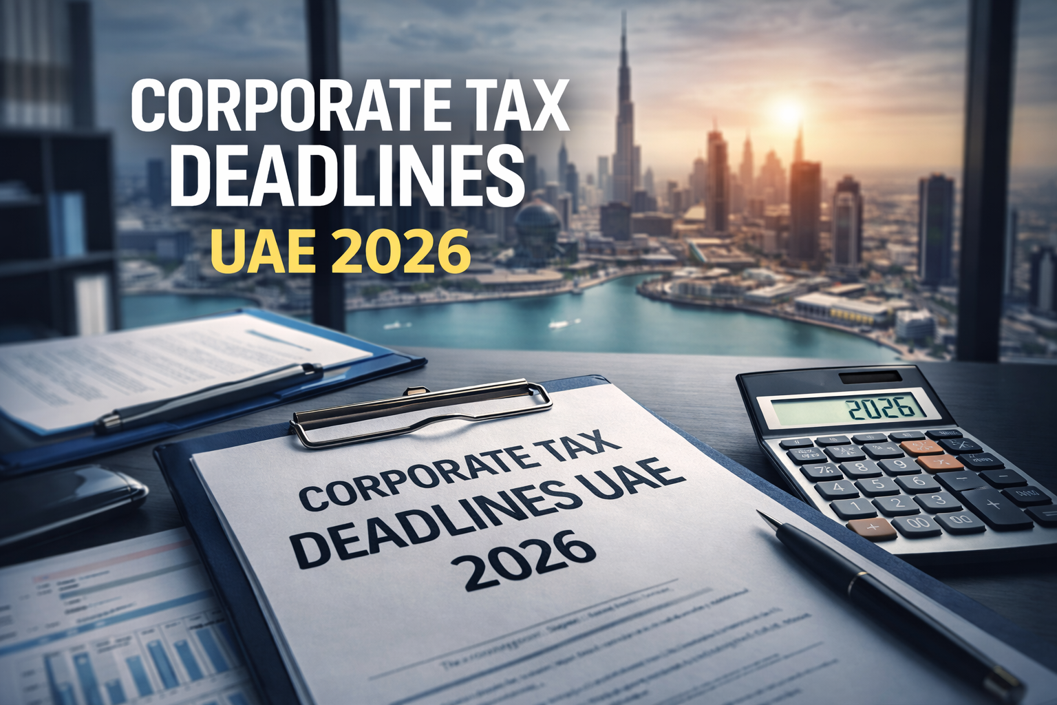 corporate tax deadlines UAE 2026 documents and calculator on office desk with Dubai skyline representing tax filing deadlines for businesses