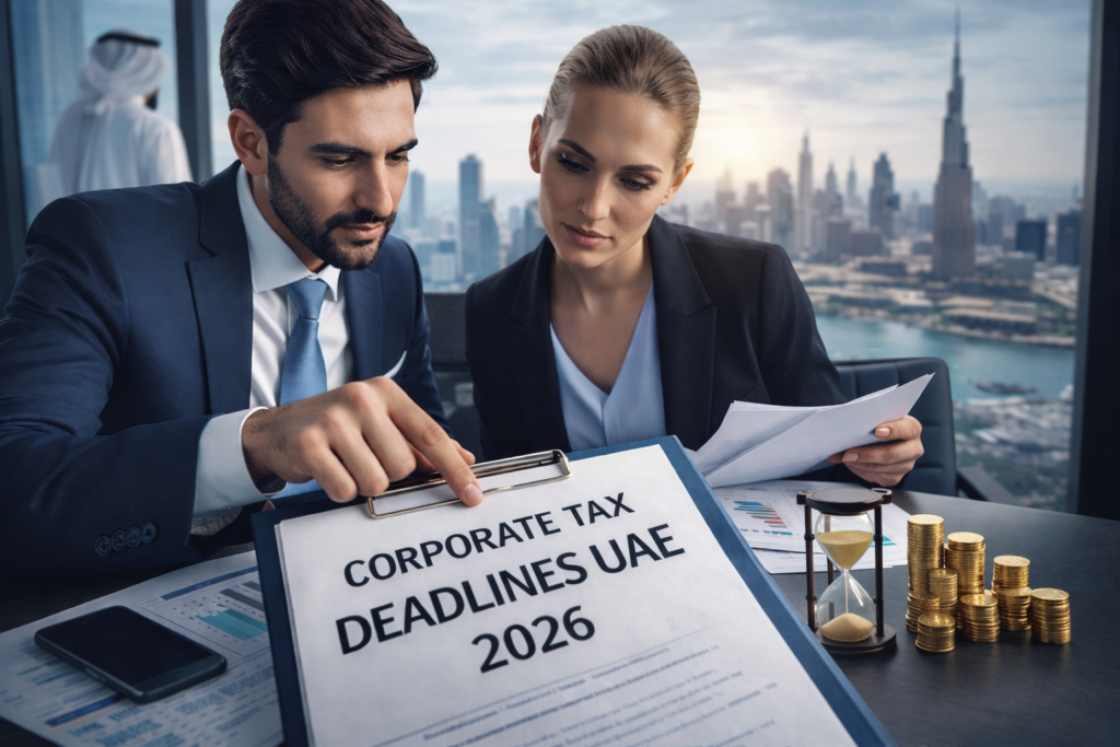 Business professionals reviewing corporate tax deadlines UAE documents in a Dubai office discussing tax filing requirements