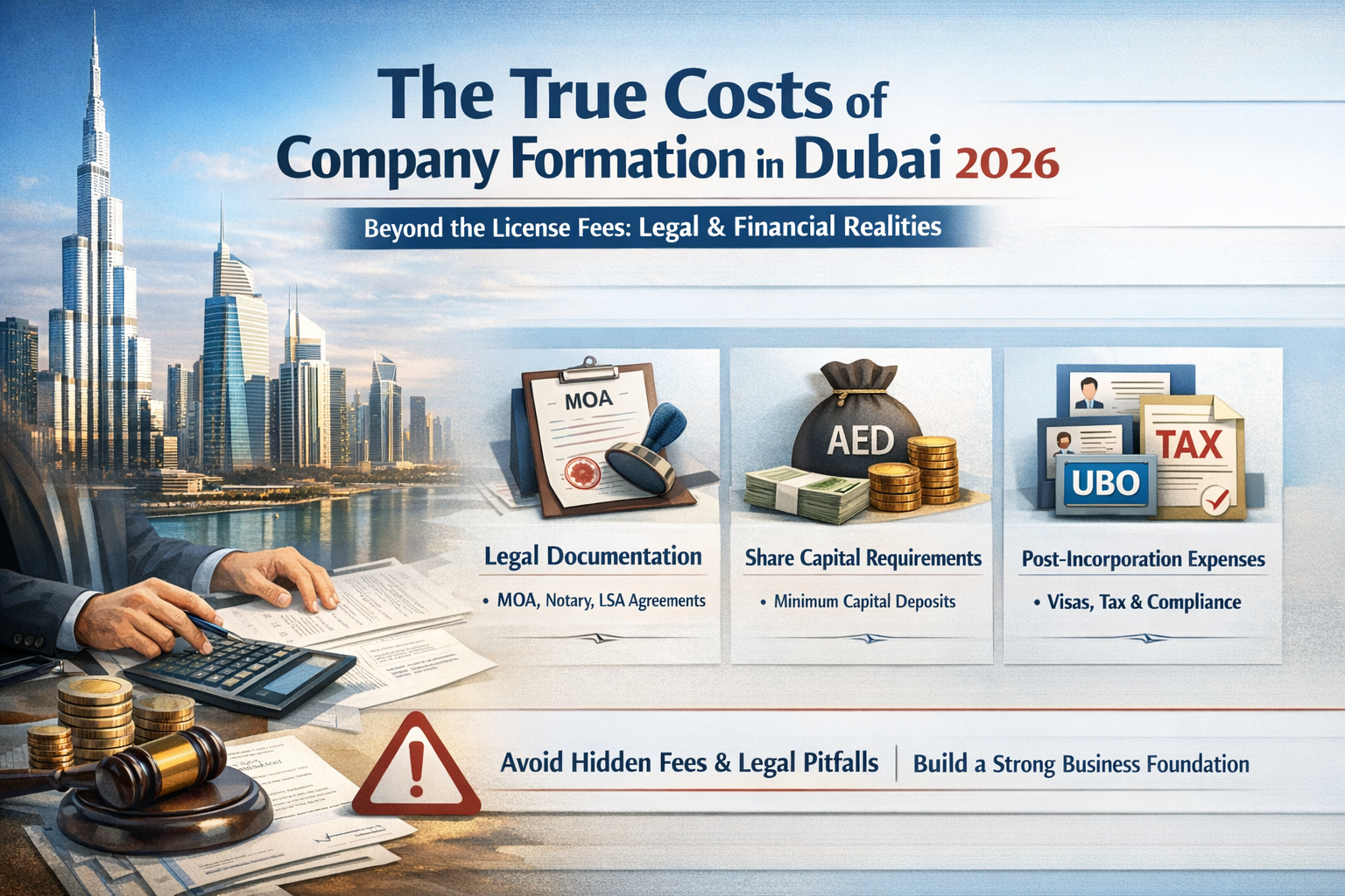 Infographic showing the true cost of company formation in Dubai for 2026 including legal documentation, share capital, and post-incorporation expenses.
