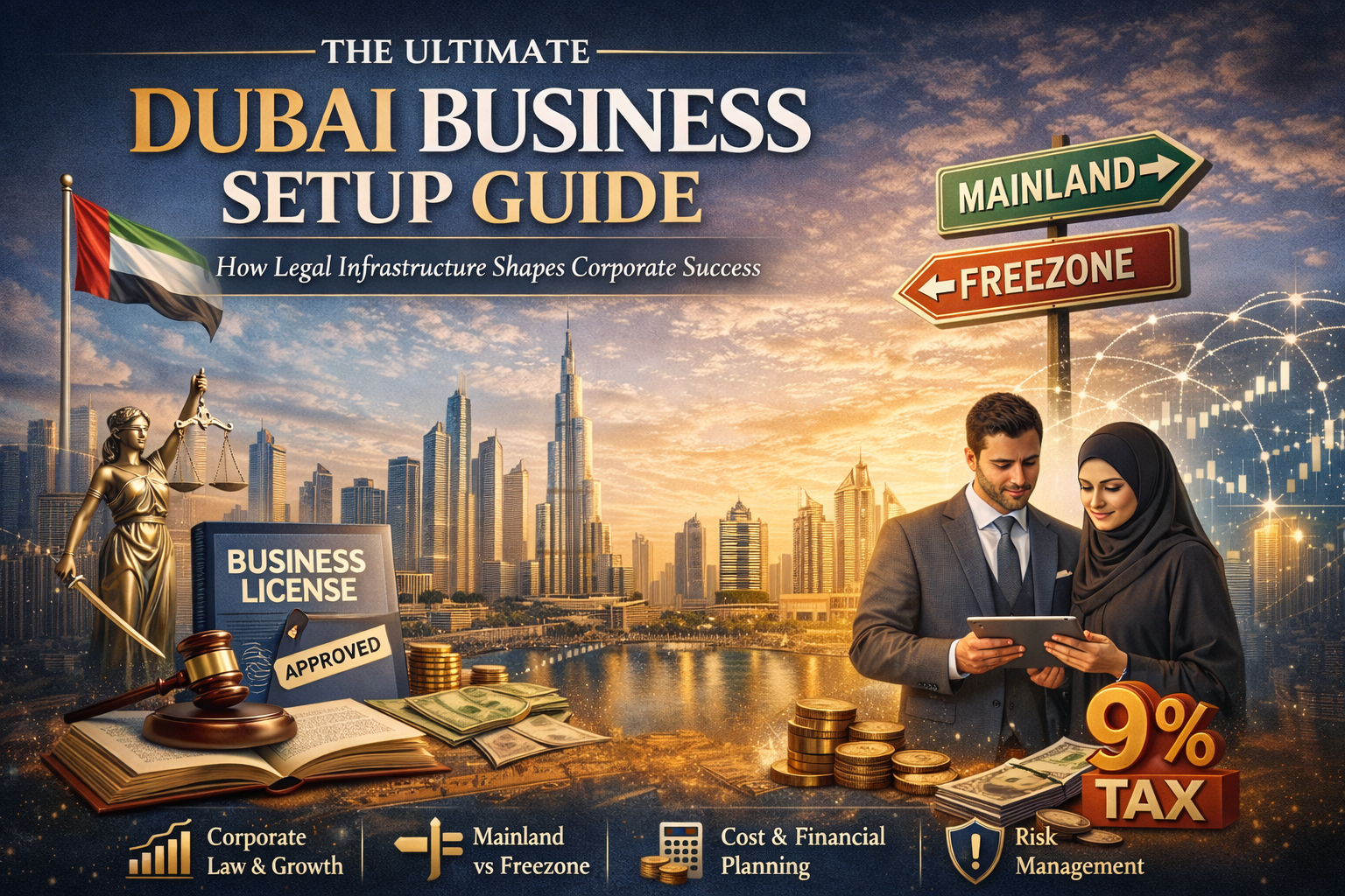 Dubai business setup guide illustrating corporate law, mainland vs freezone, and company formation in UAE
