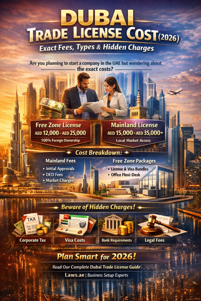 Dubai trade license cost 2026 infographic comparing mainland and free zone setup fees