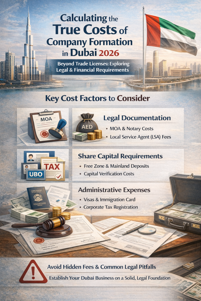 A comprehensive 3D infographic illustrating the complete roadmap to starting a UAE business and company formation in Dubai, covering Licenses (General Trading, Commercial), Visa Setup (Investor, Employee), and Corporate Banking.