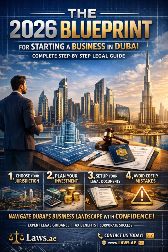 Infographic summarizing the 2026 blueprint for starting a business in Dubai by Laws.ae