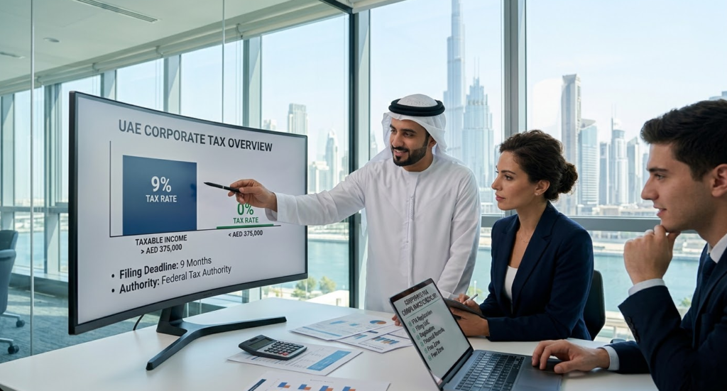 Visual guide checklist outlining essential UAE corporate tax compliance steps for businesses in Dubai, including Federal Tax Authority registration and filing procedures