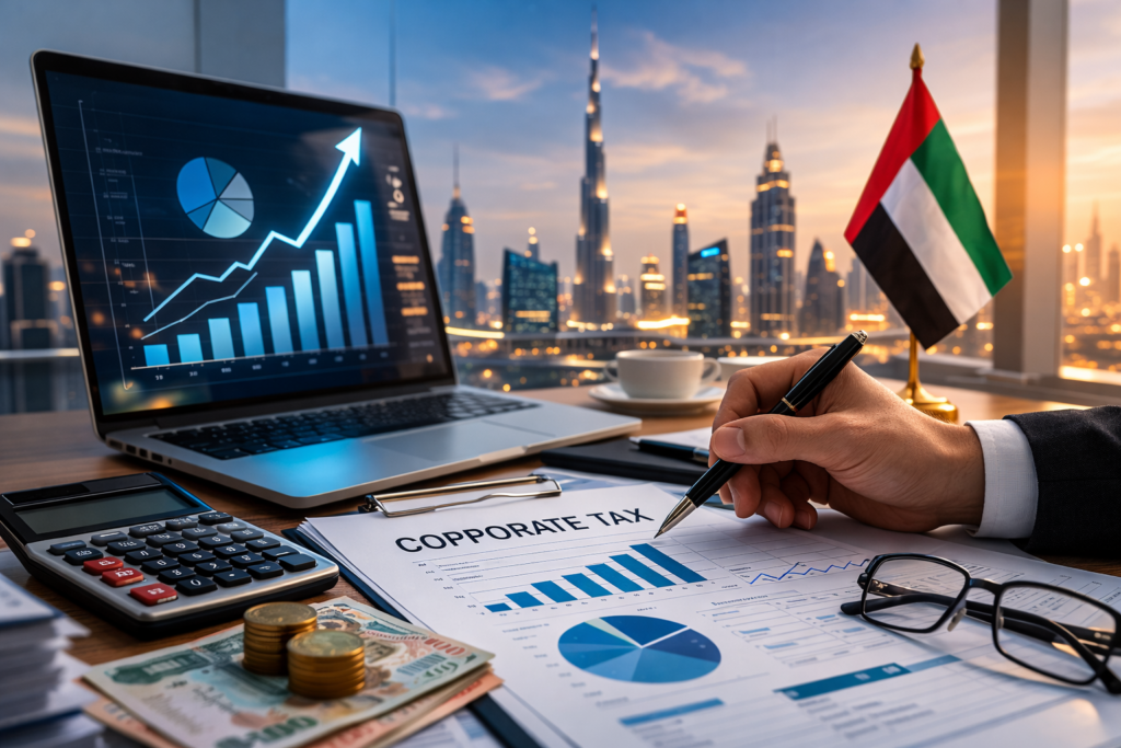 UAE corporate tax compliance in Dubai showing financial reports, corporate tax documents and Dubai skyline
