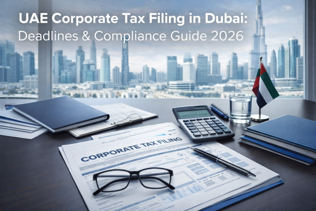 UAE corporate tax filing documents and calculator on office desk with Dubai skyline representing tax compliance for businesses in 2026