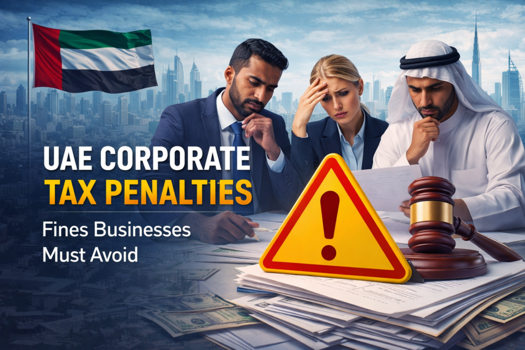 Business professionals discussing UAE corporate tax penalties and fines in Dubai