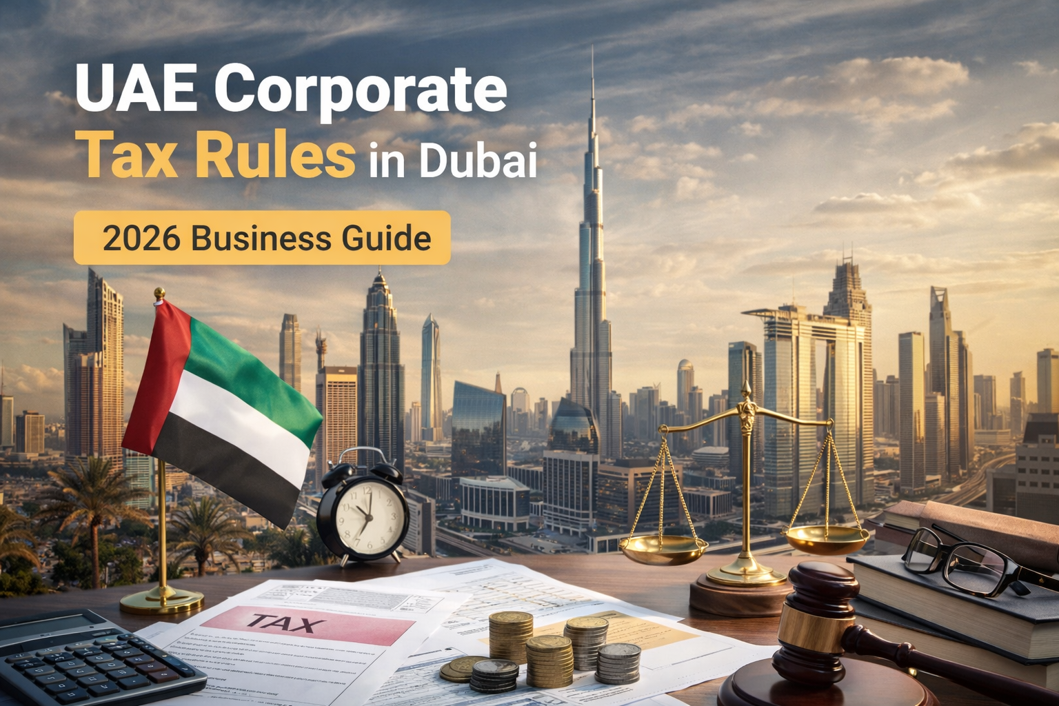 UAE corporate tax rules in Dubai 2026 business guide showing tax documents, UAE flag and Dubai skyline