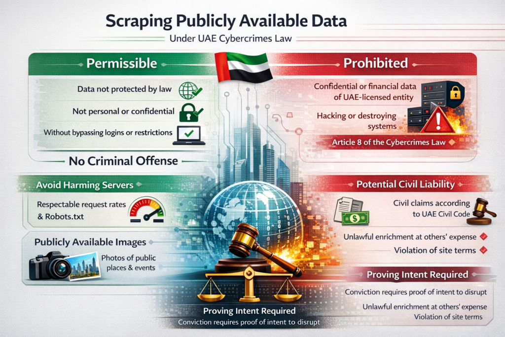 Infographic explaining UAE cybercrime law on data scraping and legal vs illegal practices