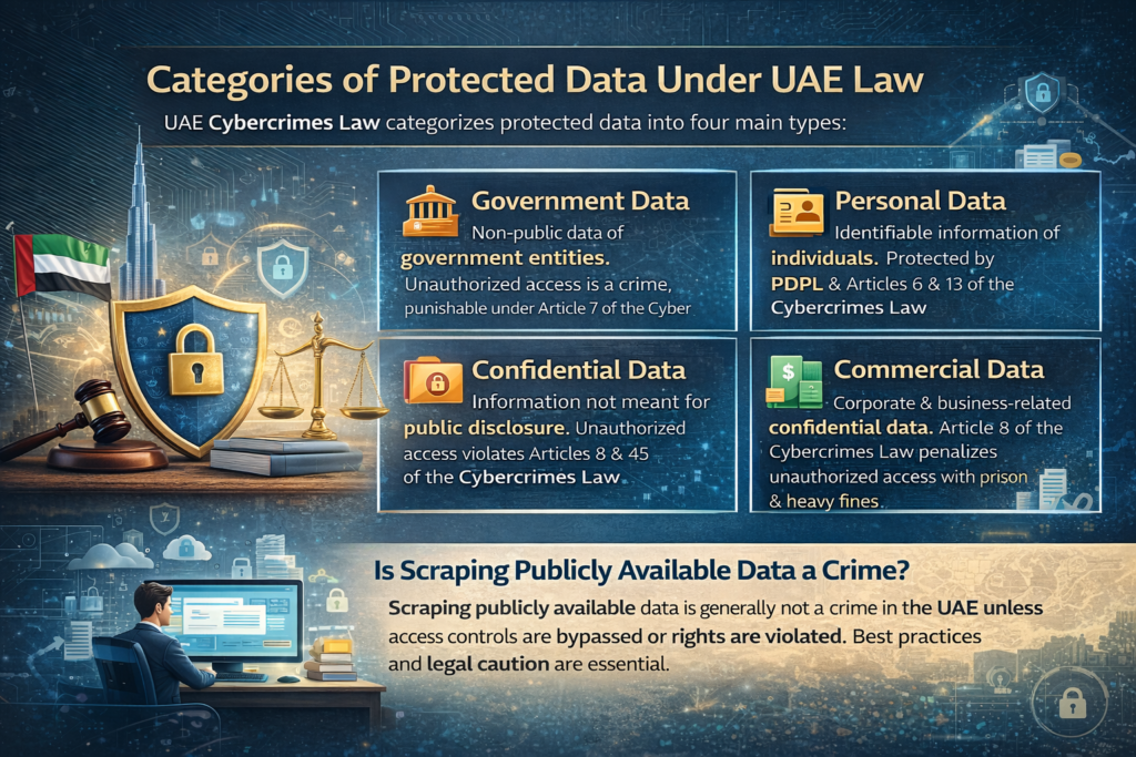 Categories of protected data under UAE law including government, personal, confidential, and commercial data in web scraping