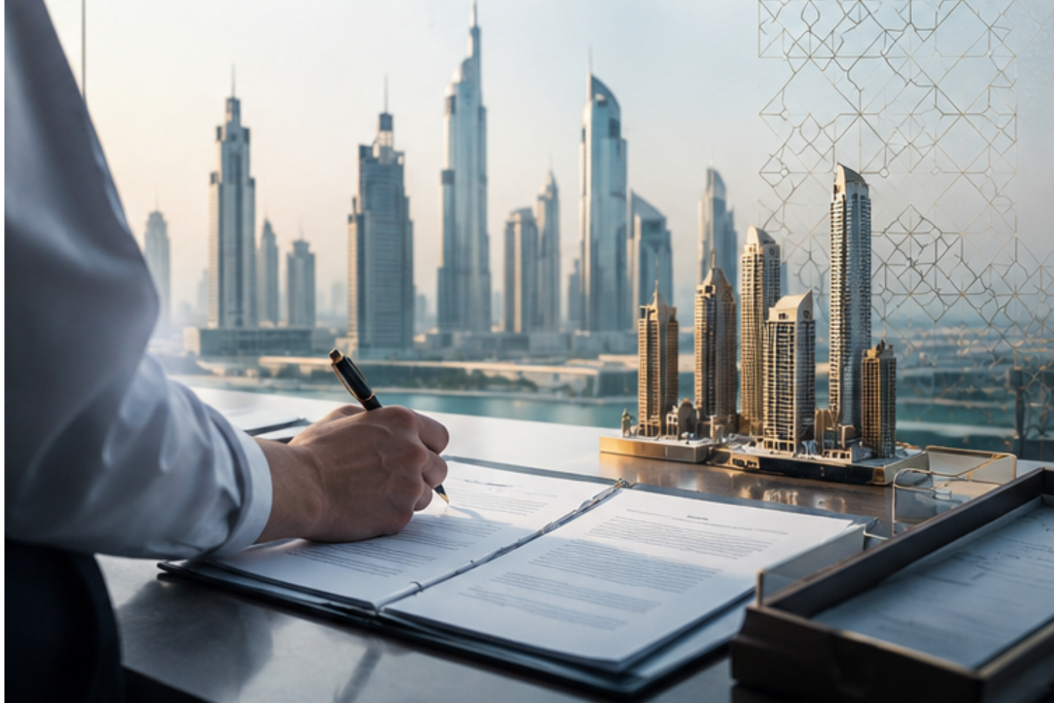 Modern corporate office showcasing Legal Agreement Drafting services in the UAE, featuring a professional meeting, legal documents, and the scales of justice to represent trusted business legal solutions by laws.ae.